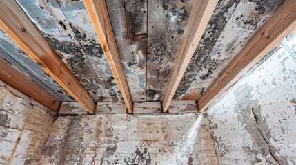 Moldy attic space with exposed beams and deteriorating walls, highlighting moisture issues