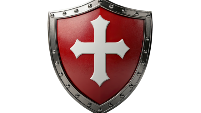 Templar Shield: A classic red shield with a prominent white cross, symbolizing faith, protection, and the historical legacy of the Knights Templar.