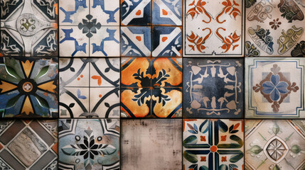 Colorful tile patterns in decorative montage showcasing various styles