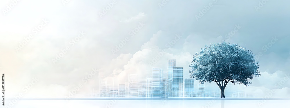 Wall mural serene cityscape with tree and soft color palette