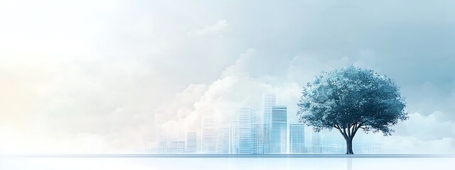 Serene Cityscape with Tree and Soft Color Palette
