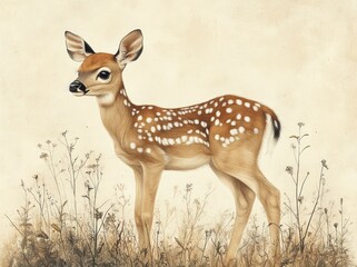 Fototapeta premium Intricate Ink Illustration of a Fawn with Delicate Plant Life in Naturalistic Style
