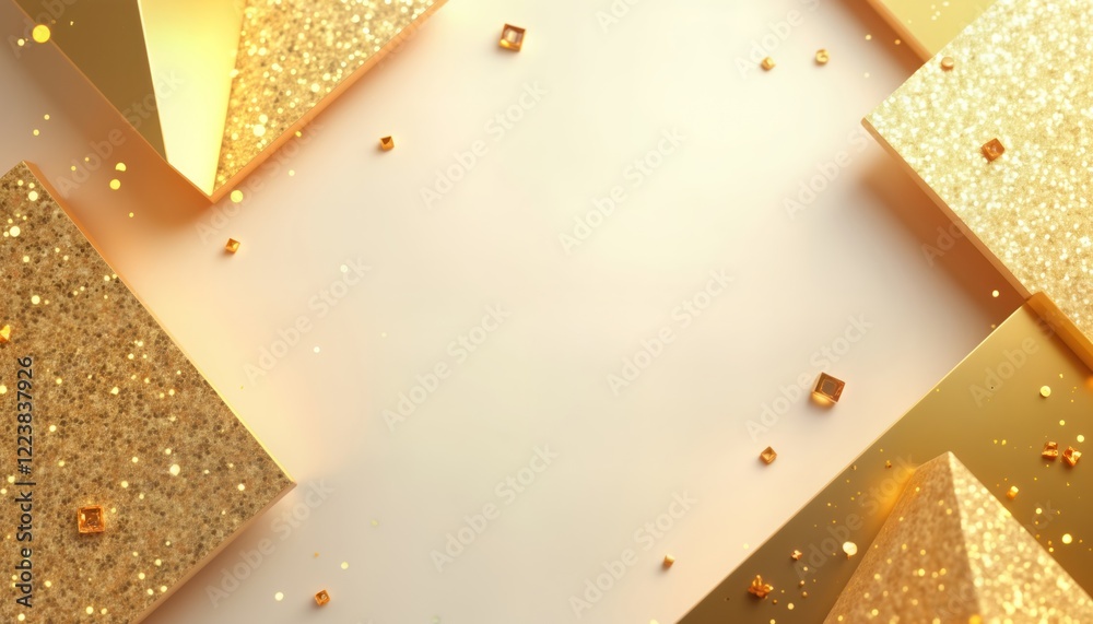 Poster abstract geometric shapes in gold, glittery textures create luxurious background. stylish design fea