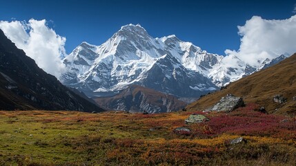 Obraz premium Majestic mountain range under a clear blue sky with vibrant autumn foliage in the foreground