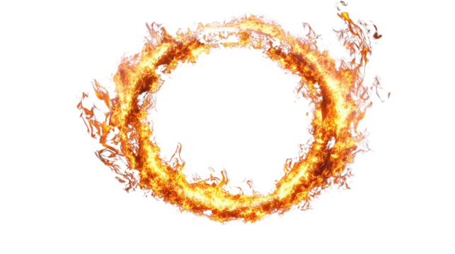 Fiery Ring of Fire: A mesmerizing circular ring of fire, intense and vibrant, burns brightly, creating a captivating visual effect. The flames dance and twist, forming a dynamic and energetic shape. 