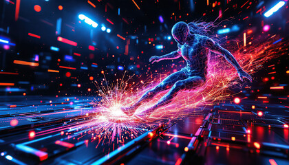 Fototapeta premium Energetic Digital Athlete Leaps Through Cyberspace