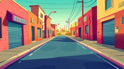 Naklejka premium A Cartoon City Street with Buildings and a Road in the Center