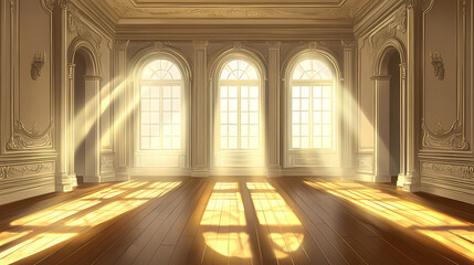 Obraz premium Empty room with ornate moldings and hardwood floors. Shadow Arch. Illustration