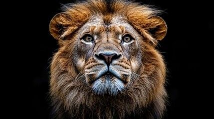 Fototapeta premium Majestic African Lion Portrait Against Black Background