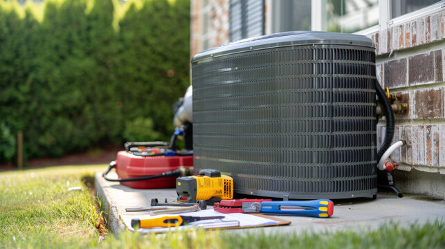 Residential HVAC system maintenance tools and equipment on patio
