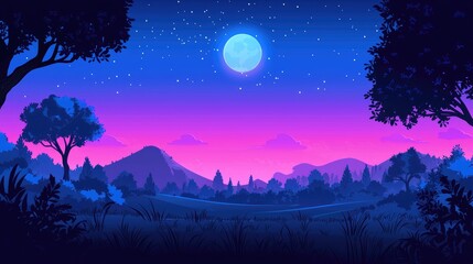 Silhouetted Trees and Mountains Against a Night Sky with a Full Moon