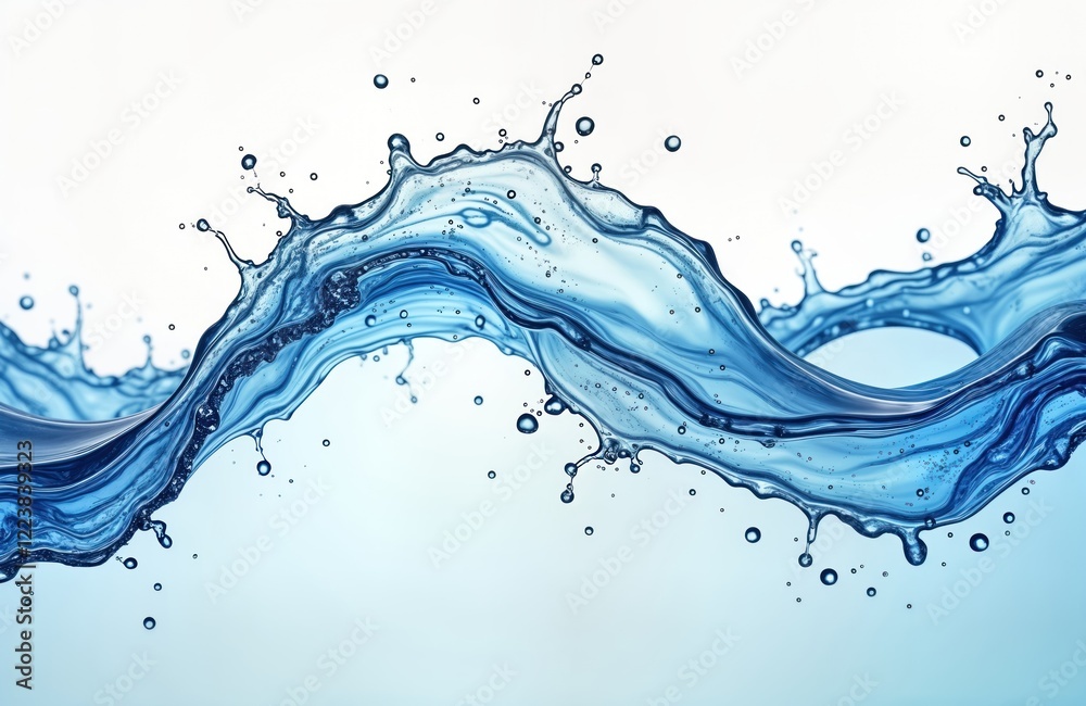Poster blue water splash with small bubbles. liquid flows in wavy lines against white background. abstract 