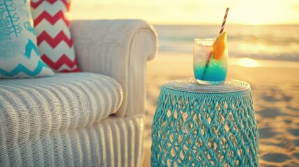 Tropical beach relaxation scene with wicker furniture and vibrant cocktail under golden sunset atmosphere perfect for summer vacation dream getaway design for travel print card poster