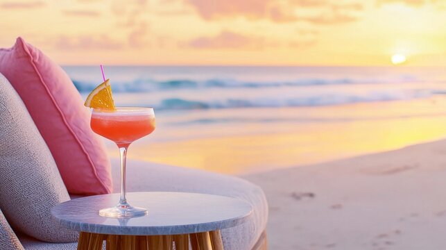 Tropical sunset cocktail on beach lounge setting with vibrant pastel tones perfect for summer vacation theme design for print card poster or digital content exploring relaxation concepts
