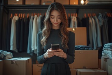 Happy woman in modern workspace packing goods for delivery using smartphone and enjoying easy service