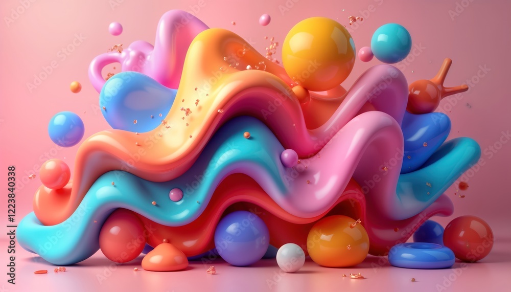 Aufkleber Colorful wavy shapes in 3d render. Glossy vibrant colors. Abstract art. Liquid dynamic forms. Modern tech design. Creative inspiration. Minimalist tech decor. Possible use as graphic design element.