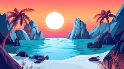 Tropical Sunset Seascape with Palm Trees and Rocky Cliffs