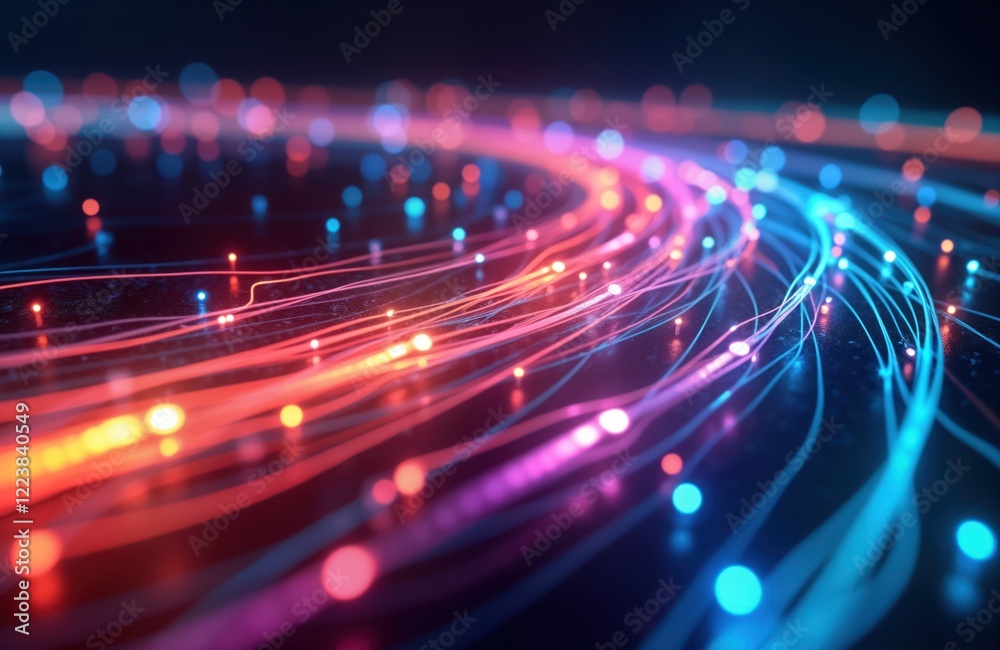 Poster Colorful glowing optic fiber cables form complex network of connections. Abstract lines of light, color. Futuristic data streams create abstract pattern. Dynamic, modern network design. Optical data
