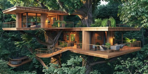 Fototapeta premium Artistic eco treehouse. Sustainable wood construction. Open decks natural ventilation. Lush forest setting. A tranquil escape.