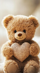 Obraz premium Cute teddy bear holding a heart on a soft background
