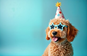 Adorable goldendoodle puppy wears party hat, star-shaped sunglasses against light blue backdrop. Cute pet ready for birthday celebration. Perfect for birthday party cards invitations. Happy pup ideal