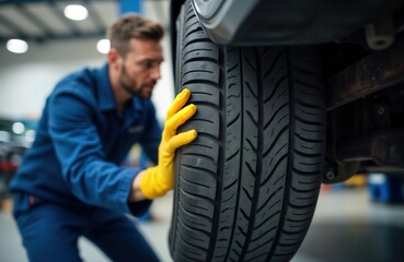 Mechanic examines car tire in garage. Skilled technician inspects rubber tread for vehicle safety. Focused repairman ensures tire protection, performance. Automotive repair takes place in noisy