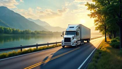 Obraz premium White semi truck drives on highway near lake at sunrise. Scenic landscape features rich green trees, mountains reflecting on calm water. Commercial cargo transported in refrigerated trailer. Truck