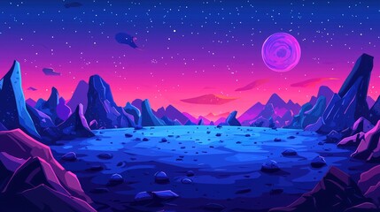 Fototapeta premium A vibrant alien landscape with blue mountains, a pink moon, and a starry sky.