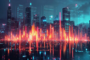 Futuristic City Skyline Night with Glowing Forex Growth Graphs Digital Overlay Cyberpunk Style
