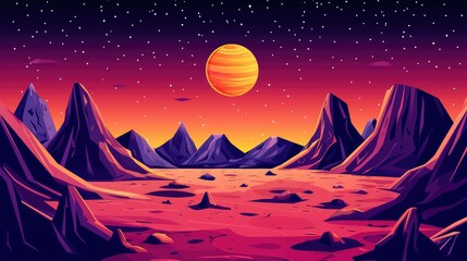 A Stylized Alien Landscape with a Glowing Orange Planet in the Sky