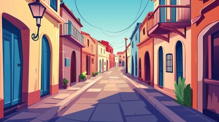 A Colorful Street with Buildings and a Lamppost