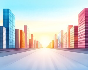 Fototapeta premium Urban Sunrise with Colorful Skyscrapers and Road