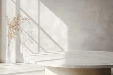 Minimalist Round Marble Table with Soft Natural Light and Abstract Shadows for Product Display