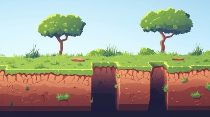 Cartoon Landscape with a Deep Crevice in the Ground