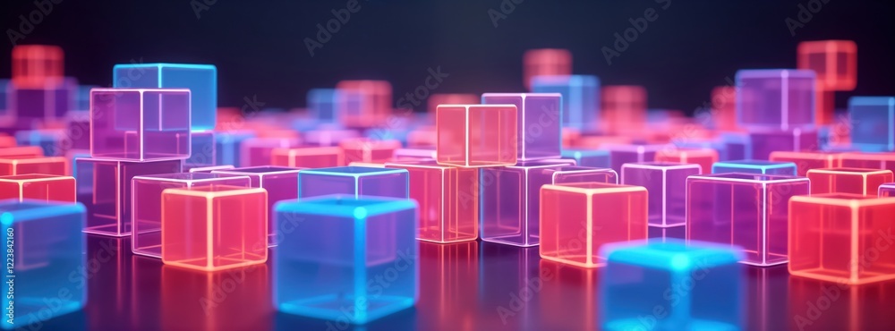 Poster abstract neon cubes in vibrant colors. colorful glowing geometric blocks create futuristic design. t