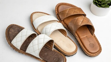 Leather Sandals, White and Brown Summer Footwear