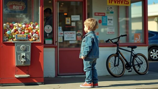 A kid in a denim jacket and sneakers standing next to a vintage gumball machine outside a convenience store, the pavement cracked and a bike leaned against the wall.