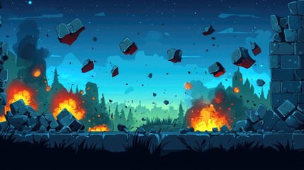 Obraz premium Nighttime Scene of Explosions and a Crumbling Stone Wall