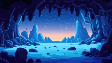 Fototapeta premium A Cave Entrance Reveals a Starry Night Sky Over Blue Mountain Range