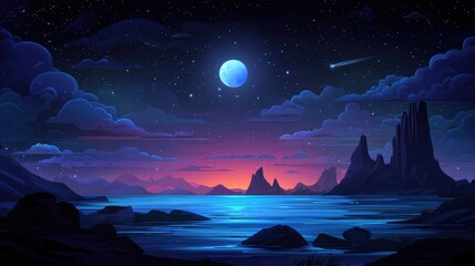 Fototapeta premium Nighttime landscape with a blue moon, shooting star, and a lake in the foreground.