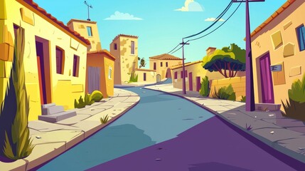 Fototapeta premium A Cartoon Illustration of a Winding Street in a Quaint Village