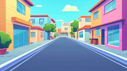 Naklejka premium A Colorful Cartoon Street Scene with Houses, Trees, and a Road