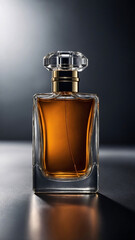 Sleek glass perfume bottle with luxurious minimalist design and bokeh lighting on a dark atmospheric background perfume commercial advertisement display