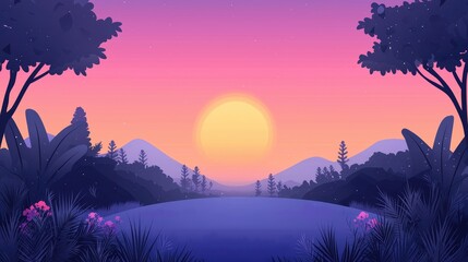 A Silhouette Landscape with a Setting Sun and Purple Hues