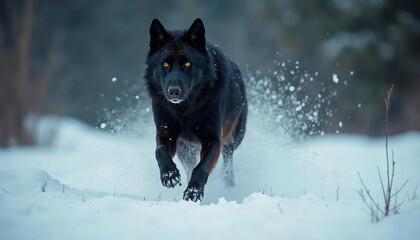 Fototapeta premium Black Wolf Running in Snow Winter Wildlife Photography