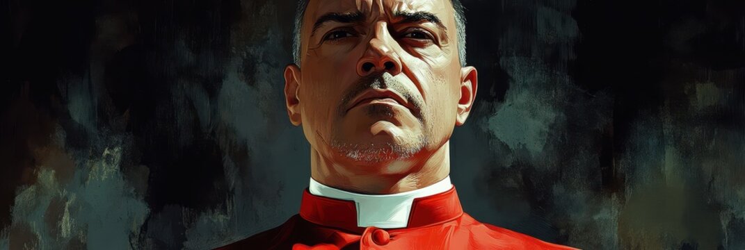 Portrait of a Stern Clerical Figure in Red Ecclesiastical Attire Set Against a Dark, Dramatic Backdrop Evoking Reverence and Authority