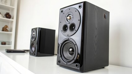 Obraz premium Black bookshelf speakers on shelf