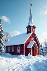 Snowy church facade with steeply pitched roof, Ilulissat, frosty, snow