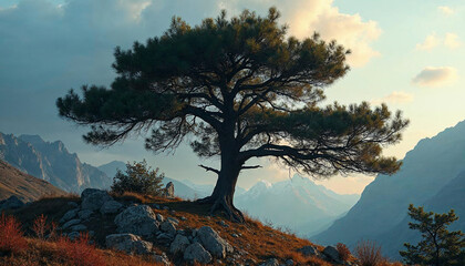 Obraz premium Majestic Lone Tree Mountain Landscape Sunset Photography