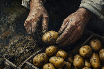 Obraz premium Hands of a farmer carefully sorting freshly harvested potatoes in a rustic setting, showcasing earthy tones